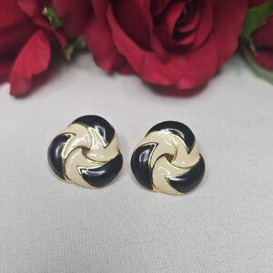 Black, Cream, and Gold Tone Swirl Pierced Earrings